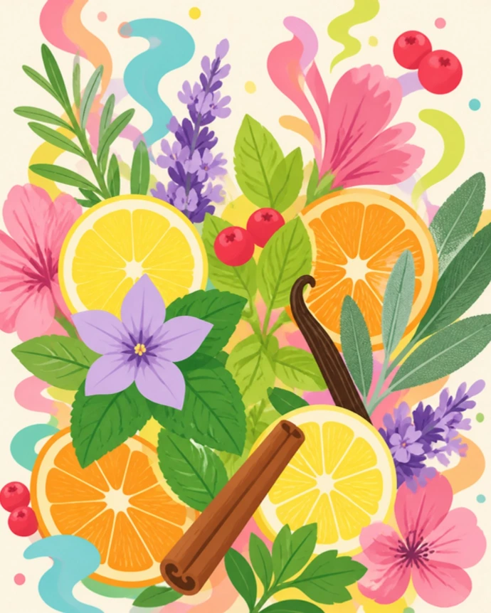 Ilustración de hierbas, flores y cítricos de Oliê
